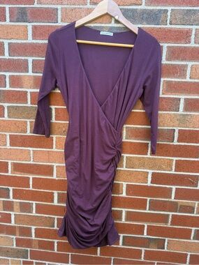 James Perse Standard Ruched Wrap Midi Dress Purple 3/4 Sleeve Size 3